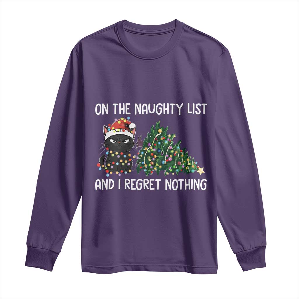 Funny Cat Christmas Long Sleeve Shirt On The Naughty List And I Regret Nothing - Wonder Print Shop