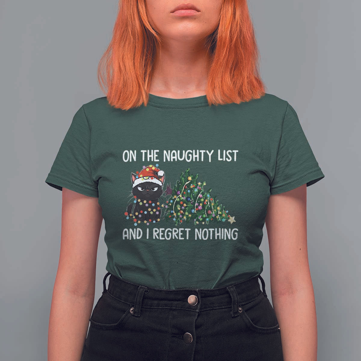 Funny Cat Christmas T Shirt For Women On The Naughty List And I Regret Nothing - Wonder Print Shop