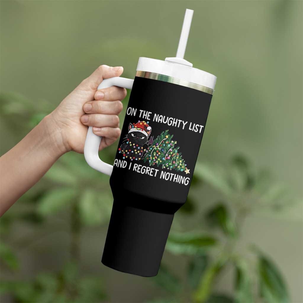 Funny Cat Christmas Tumbler With Handle On The Naughty List And I Regret Nothing - Wonder Print Shop