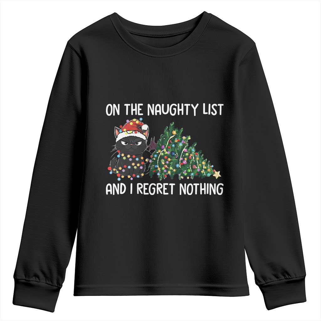 Funny Cat Christmas Youth Sweatshirt On The Naughty List And I Regret Nothing - Wonder Print Shop