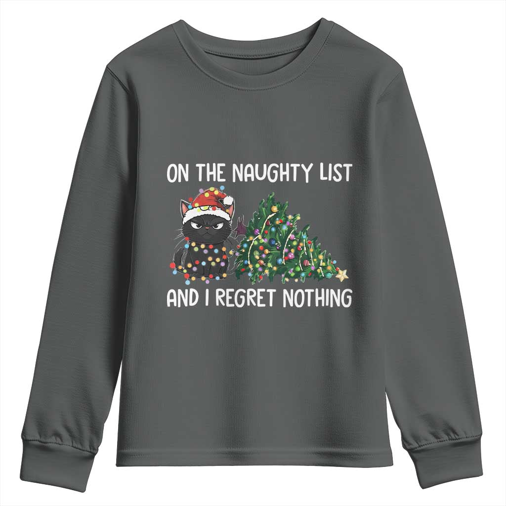 Funny Cat Christmas Youth Sweatshirt On The Naughty List And I Regret Nothing - Wonder Print Shop