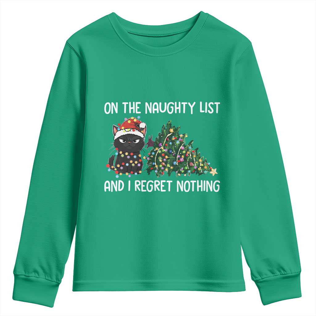 Funny Cat Christmas Youth Sweatshirt On The Naughty List And I Regret Nothing - Wonder Print Shop