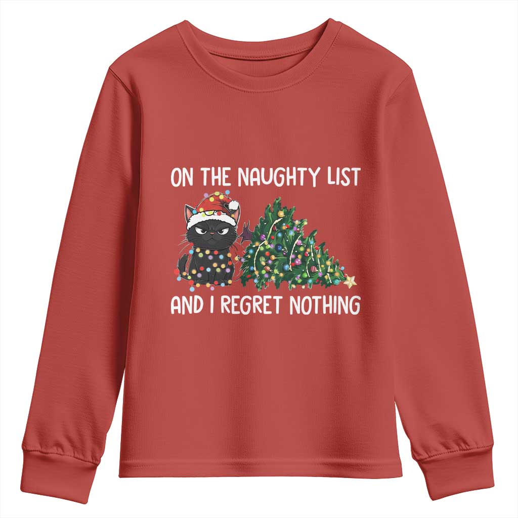 Funny Cat Christmas Youth Sweatshirt On The Naughty List And I Regret Nothing - Wonder Print Shop