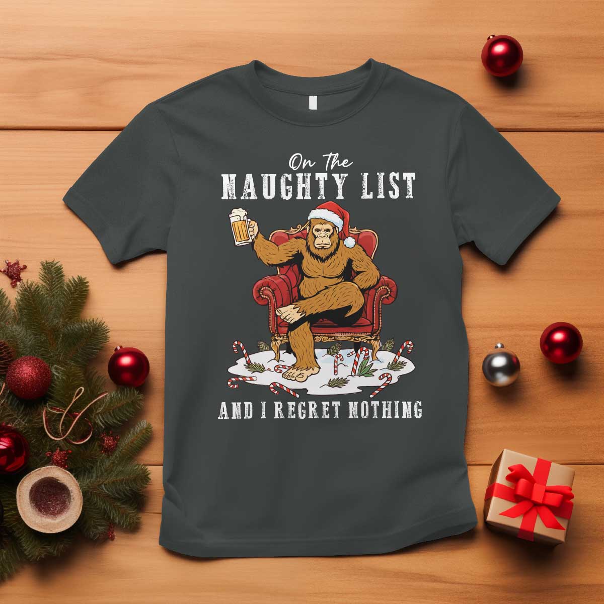 Funny Bigfoot Christmas T Shirt On The Naughty List And I Regret Nothing - Wonder Print Shop