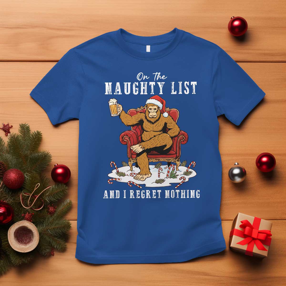Funny Bigfoot Christmas T Shirt On The Naughty List And I Regret Nothing - Wonder Print Shop