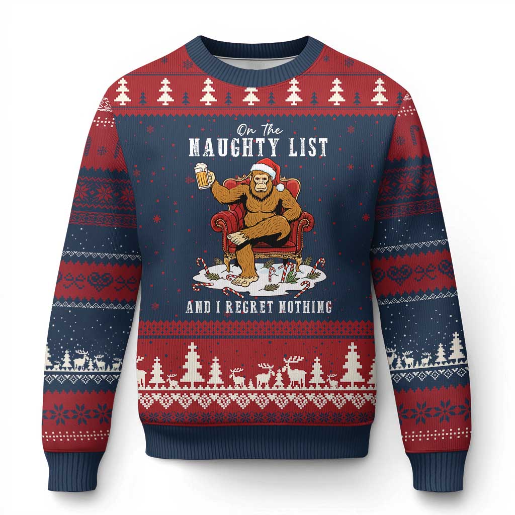 Funny Bigfoot Xmas Ugly Christmas Sweater On The Naughty List And I Regret Nothing - Wonder Print Shop