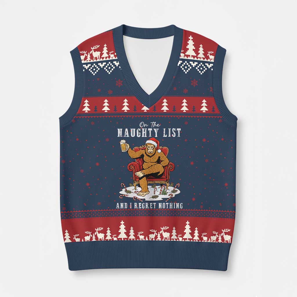 Funny Bigfoot Xmas V-Neck Knit Sweater Vest On The Naughty List And I Regret Nothing - Wonder Print Shop