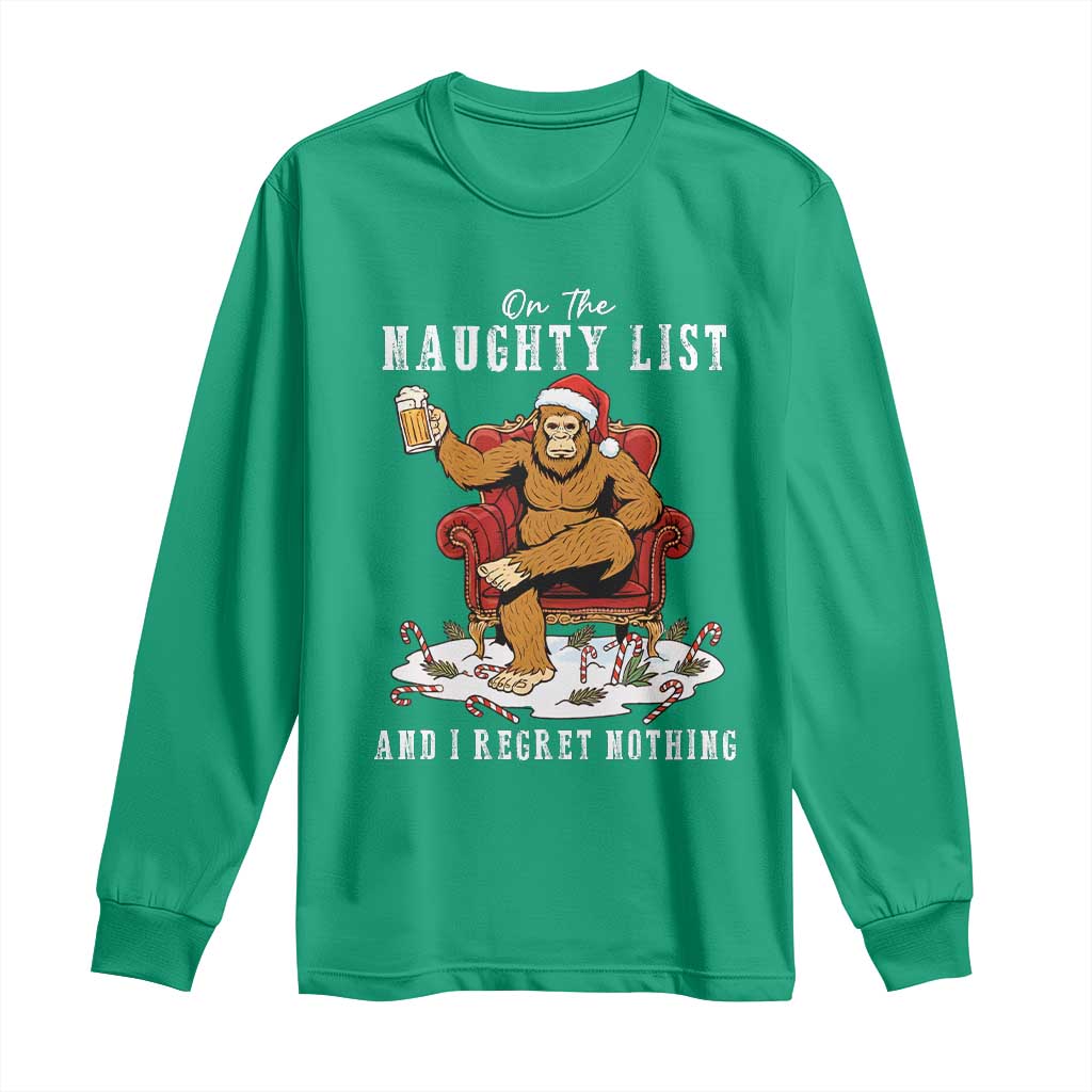 Funny Bigfoot Christmas Long Sleeve Shirt On The Naughty List And I Regret Nothing - Wonder Print Shop