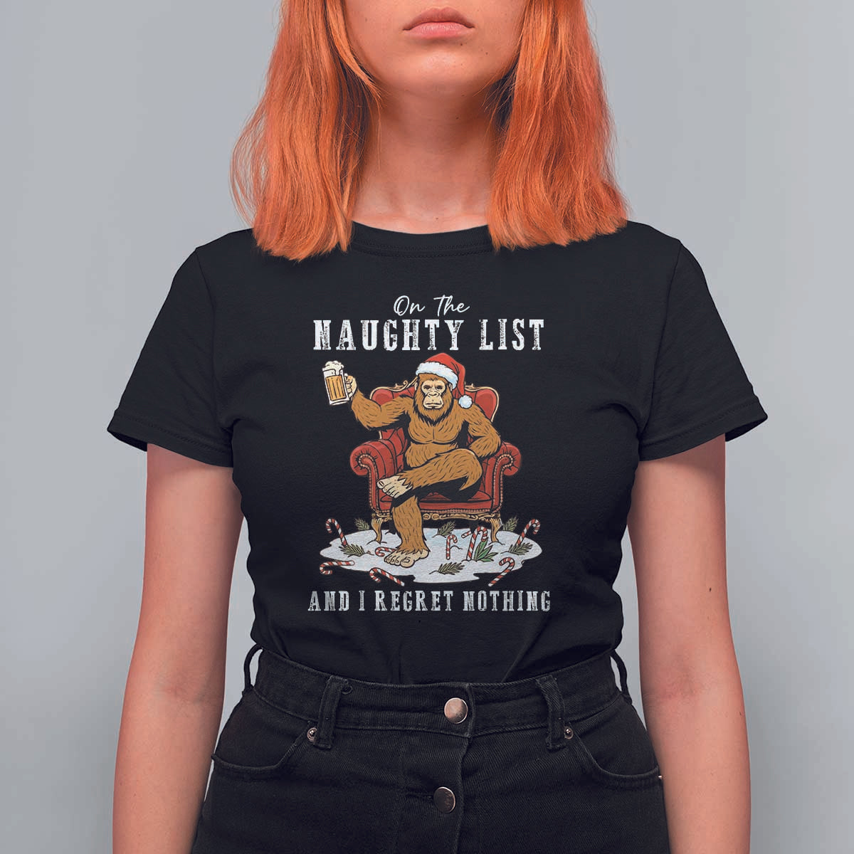 Funny Bigfoot Christmas T Shirt For Women On The Naughty List And I Regret Nothing - Wonder Print Shop