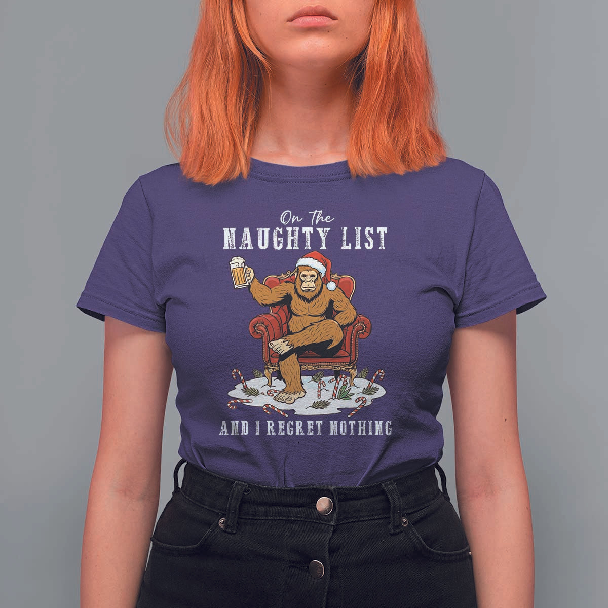 Funny Bigfoot Christmas T Shirt For Women On The Naughty List And I Regret Nothing - Wonder Print Shop