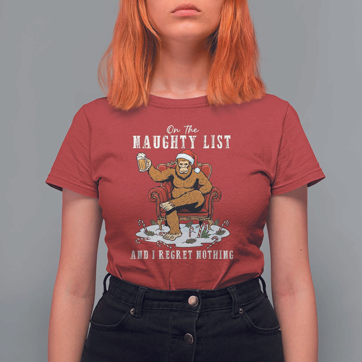 Funny Bigfoot Christmas T Shirt For Women On The Naughty List And I Regret Nothing - Wonder Print Shop