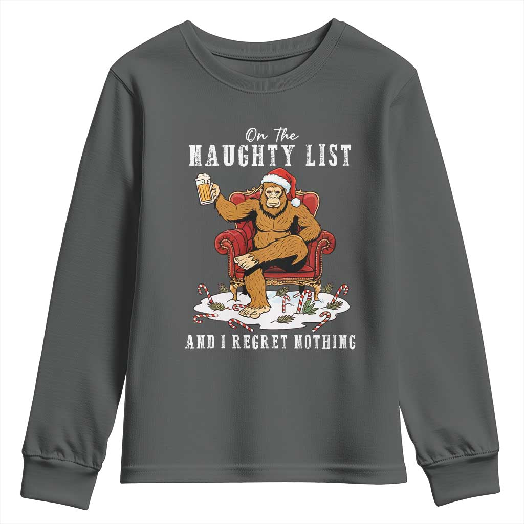 Funny Bigfoot Christmas Youth Sweatshirt On The Naughty List And I Regret Nothing - Wonder Print Shop