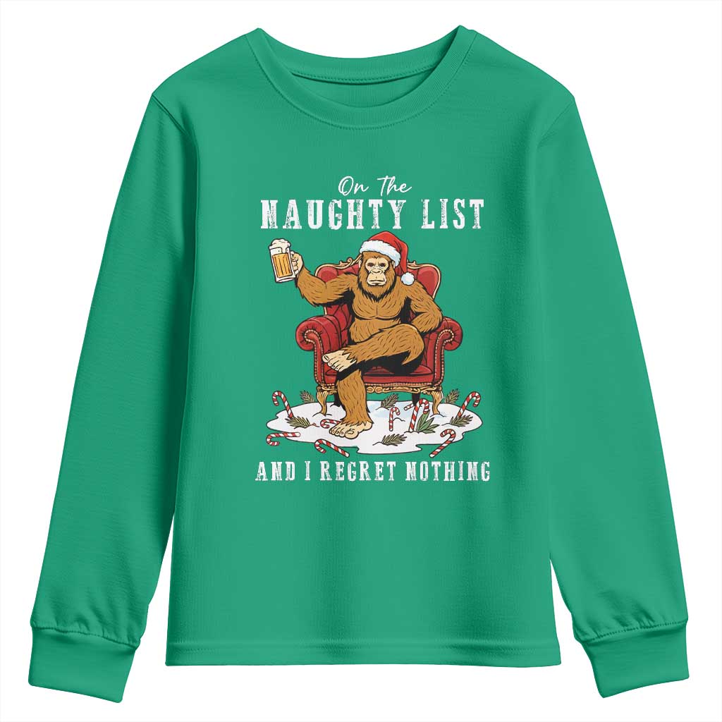 Funny Bigfoot Christmas Youth Sweatshirt On The Naughty List And I Regret Nothing - Wonder Print Shop