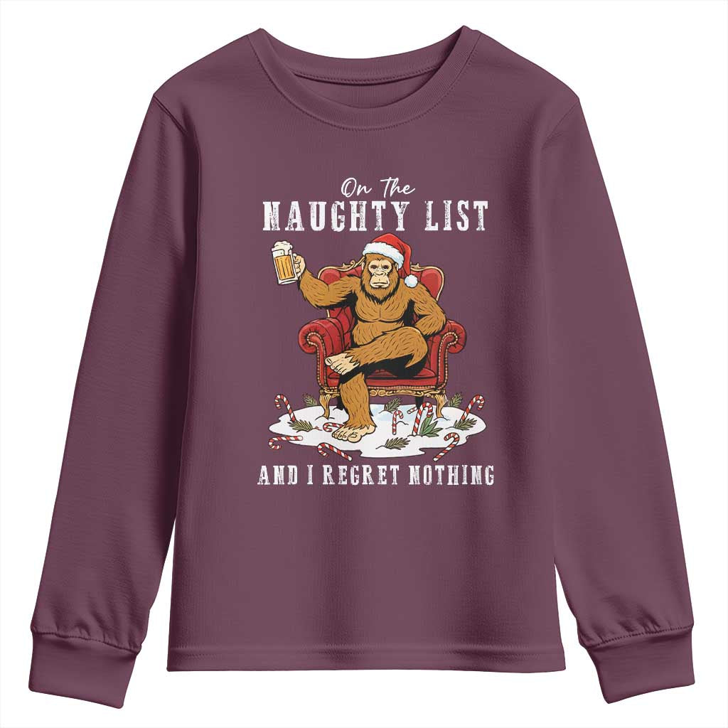 Funny Bigfoot Christmas Youth Sweatshirt On The Naughty List And I Regret Nothing - Wonder Print Shop