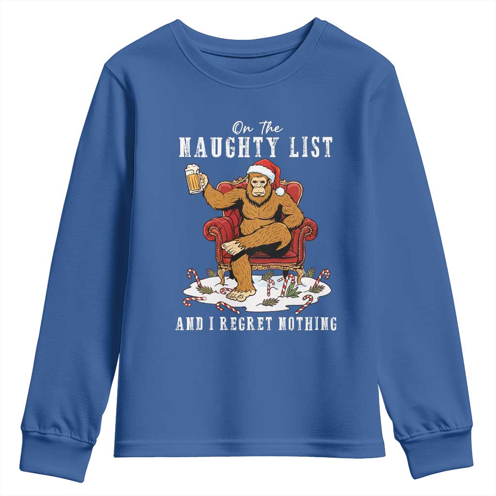 Funny Bigfoot Christmas Youth Sweatshirt On The Naughty List And I Regret Nothing - Wonder Print Shop