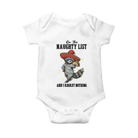 Funny Mexican Racoon Taco Christmas Baby Onesie On The Naughty List And I Regret Nothing - Wonder Print Shop