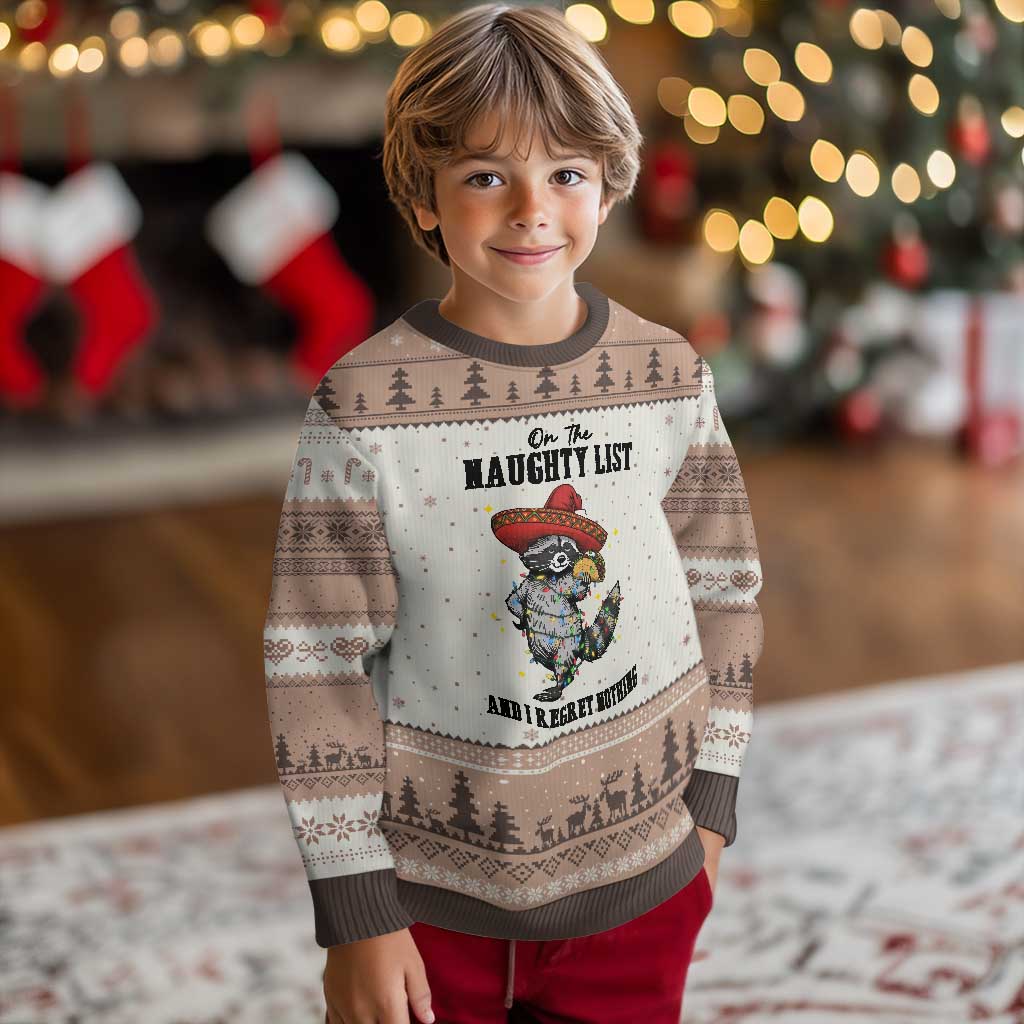 Funny Mexican Racoon Taco Xmas Ugly Christmas Sweater On The Naughty List And I Regret Nothing - Wonder Print Shop