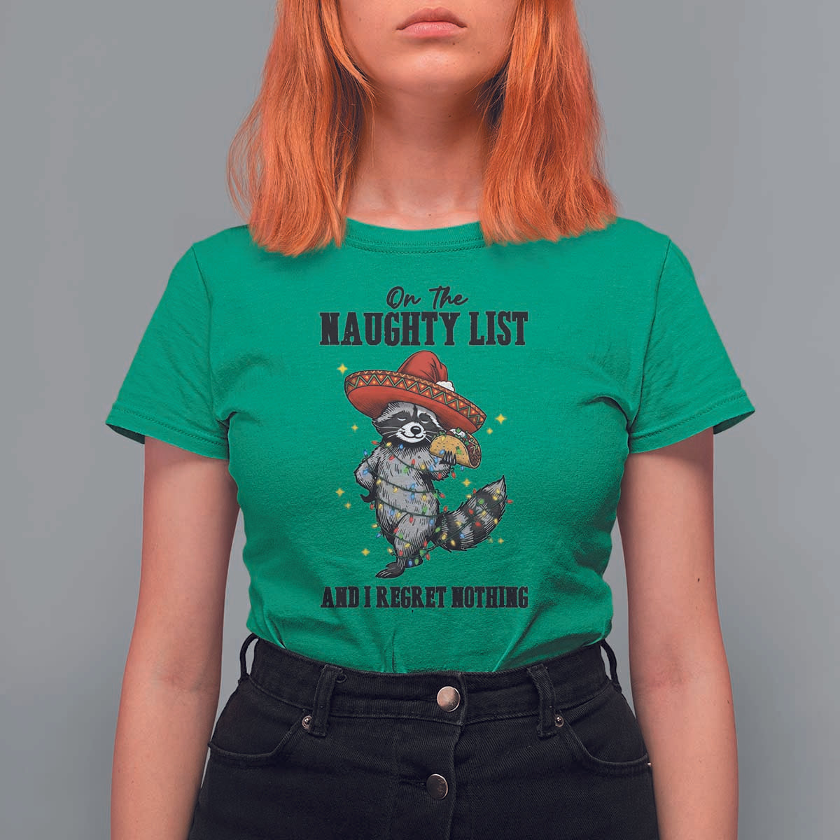 Funny Mexican Racoon Taco Christmas T Shirt For Women On The Naughty List And I Regret Nothing - Wonder Print Shop