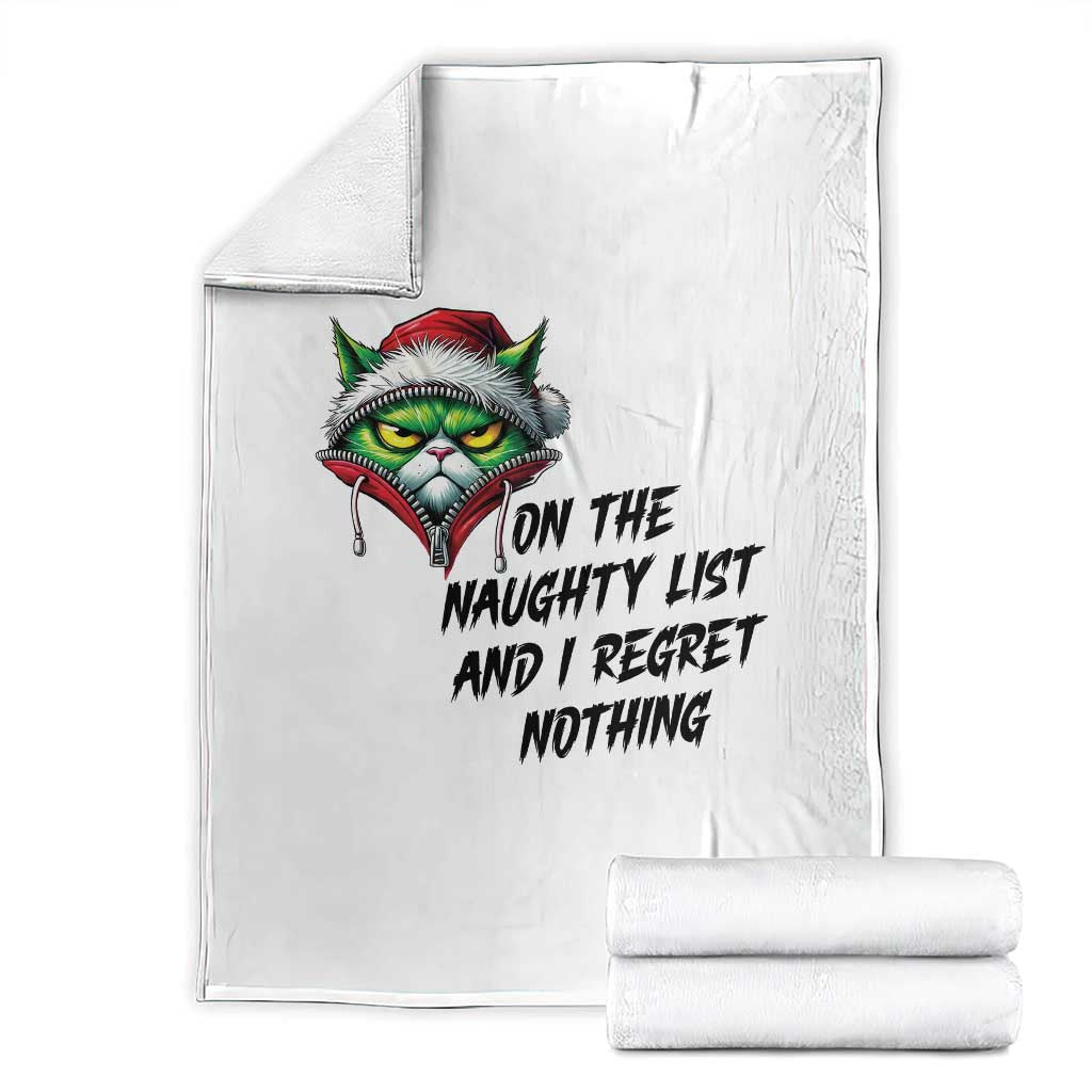 Funny Cat Green Christmas Throw Blanket On The Naughty List And I Regret Nothing - Wonder Print Shop