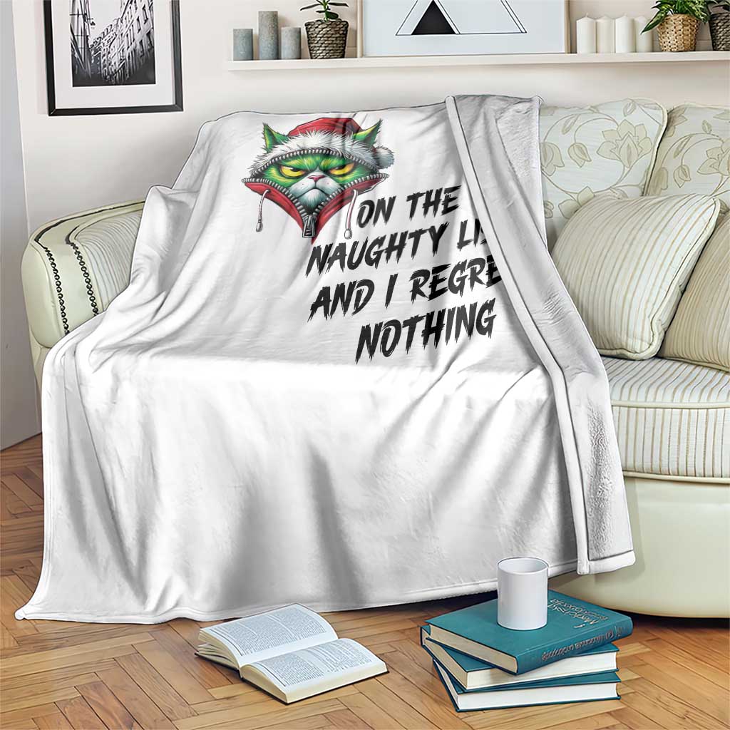 Funny Cat Green Christmas Throw Blanket On The Naughty List And I Regret Nothing - Wonder Print Shop