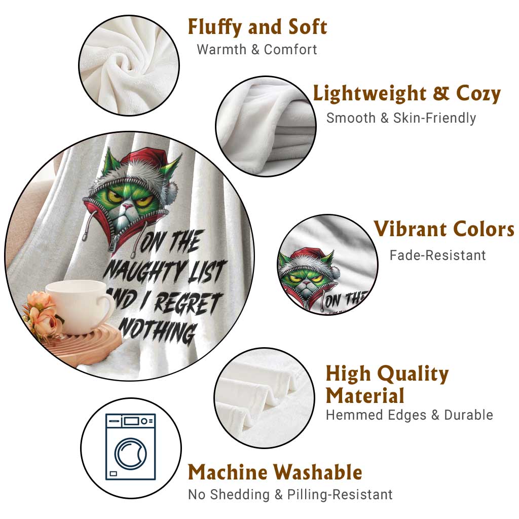 Funny Cat Green Christmas Throw Blanket On The Naughty List And I Regret Nothing - Wonder Print Shop