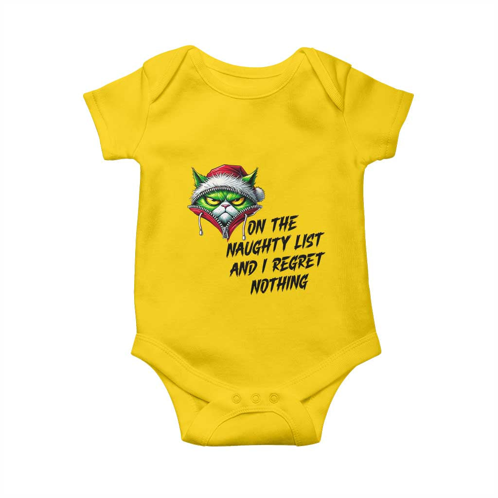 Funny Cat Green Christmas Baby Onesie On The Naughty List And I Regret Nothing - Wonder Print Shop
