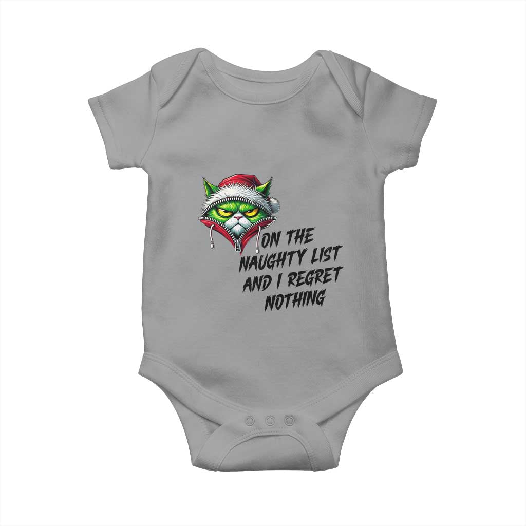 Funny Cat Green Christmas Baby Onesie On The Naughty List And I Regret Nothing - Wonder Print Shop