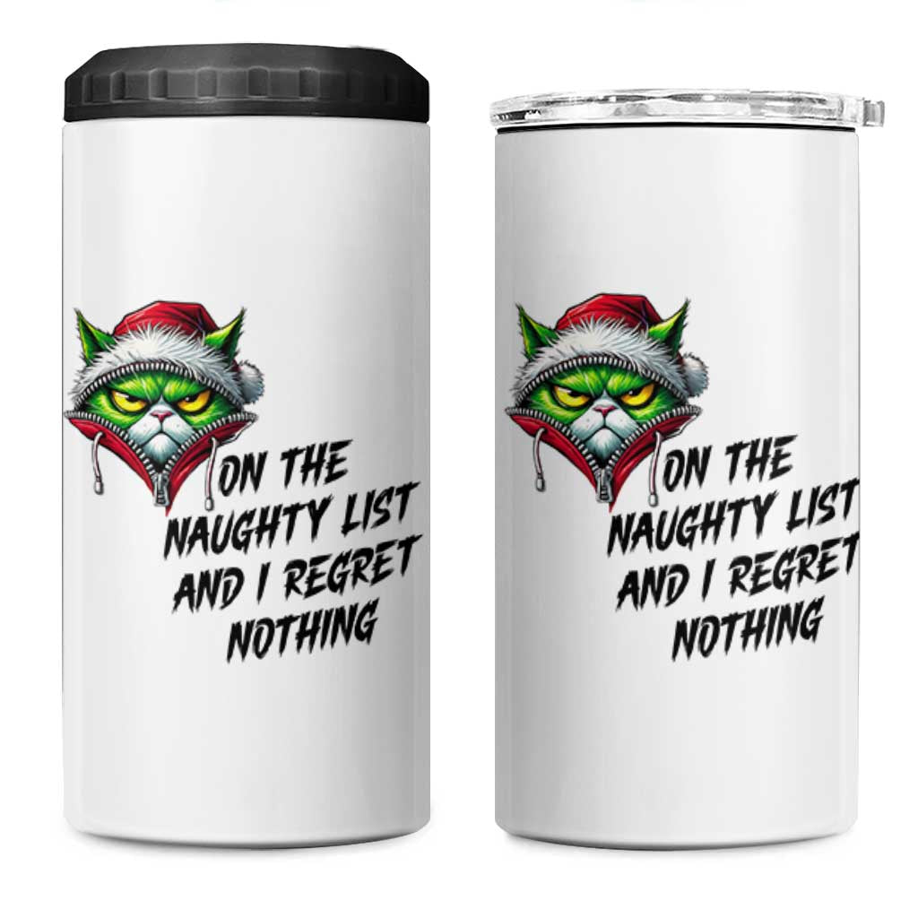 Funny Cat Green Christmas 4 in 1 Can Cooler Tumbler On The Naughty List And I Regret Nothing - Wonder Print Shop