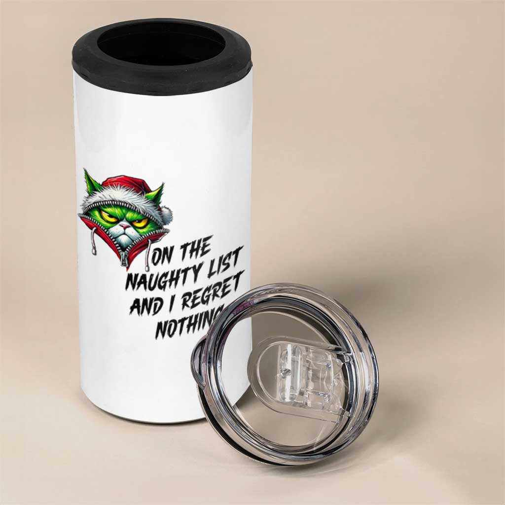 Funny Cat Green Christmas 4 in 1 Can Cooler Tumbler On The Naughty List And I Regret Nothing - Wonder Print Shop