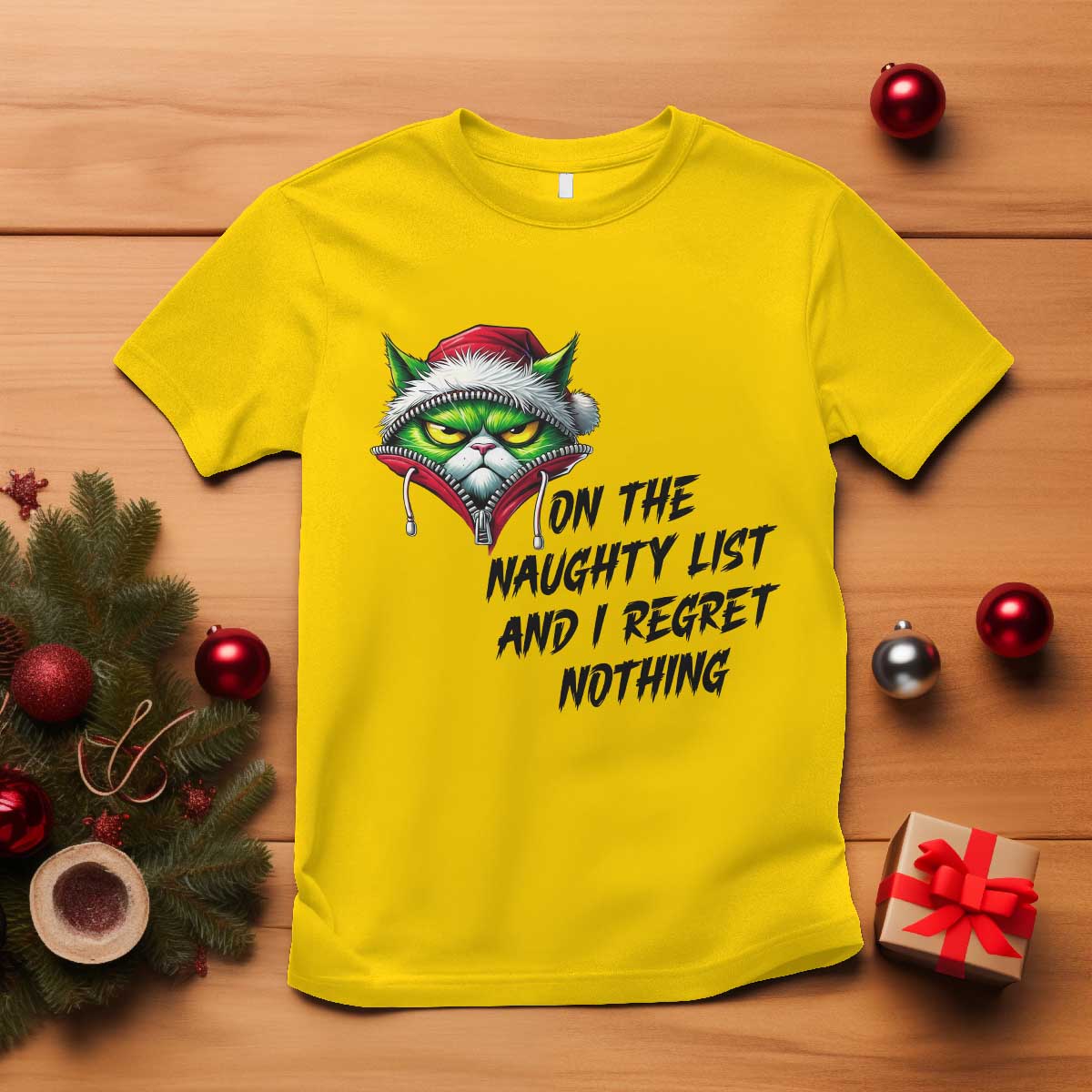 Funny Cat Green Christmas T Shirt On The Naughty List And I Regret Nothing - Wonder Print Shop