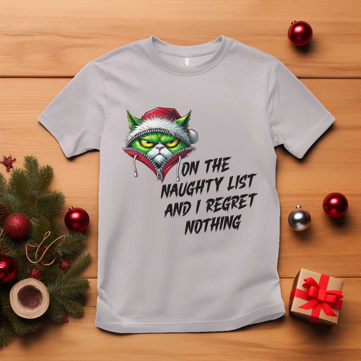 Funny Cat Green Christmas T Shirt On The Naughty List And I Regret Nothing - Wonder Print Shop