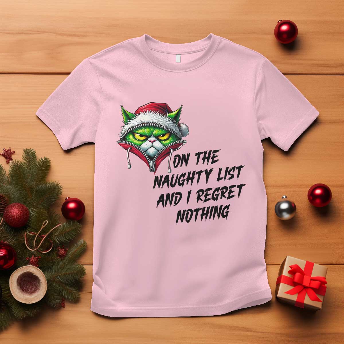 Funny Cat Green Christmas T Shirt On The Naughty List And I Regret Nothing - Wonder Print Shop