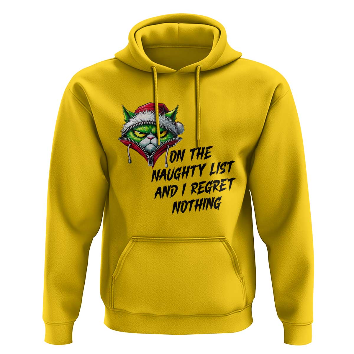 Funny Cat Green Christmas Hoodie On The Naughty List And I Regret Nothing - Wonder Print Shop