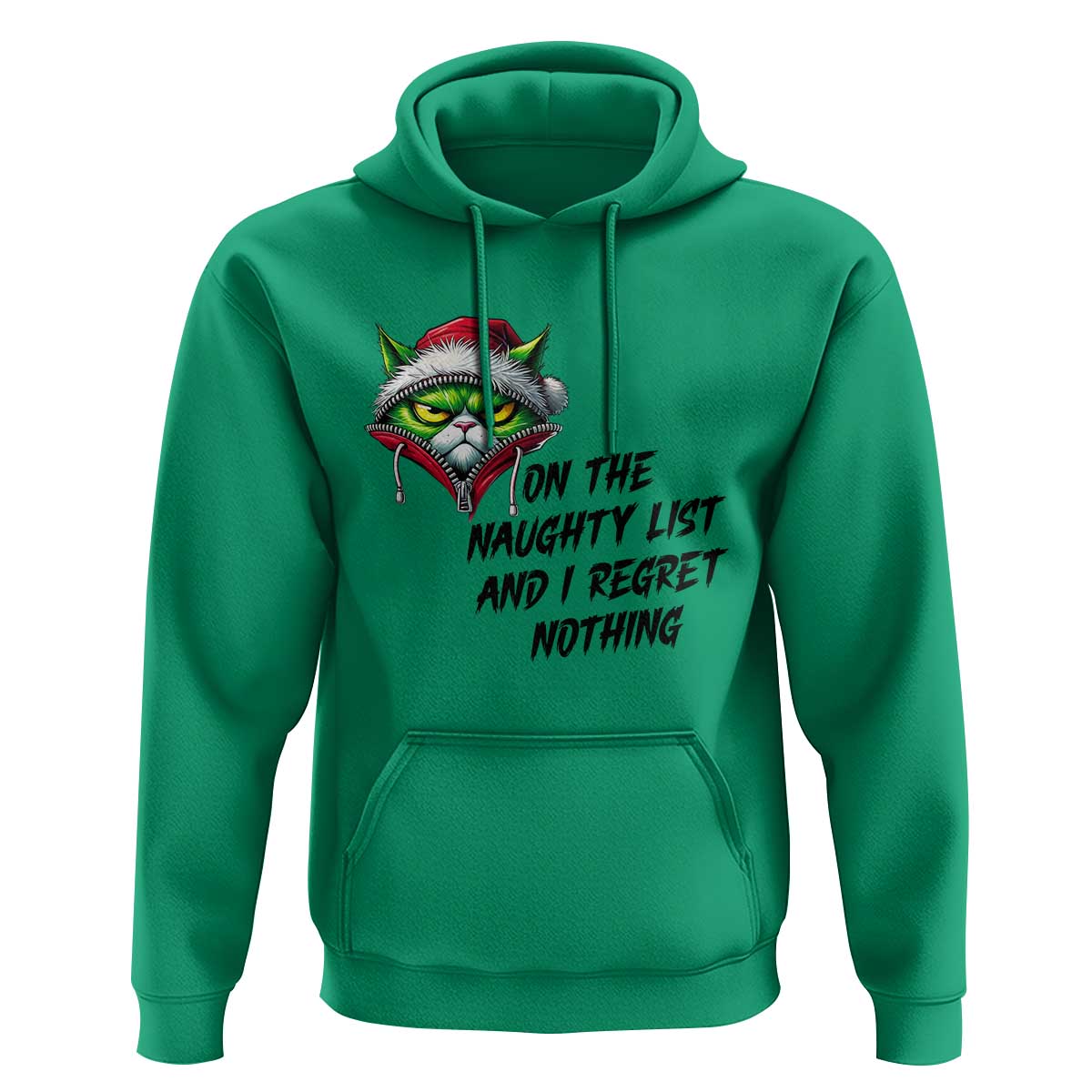 Funny Cat Green Christmas Hoodie On The Naughty List And I Regret Nothing - Wonder Print Shop