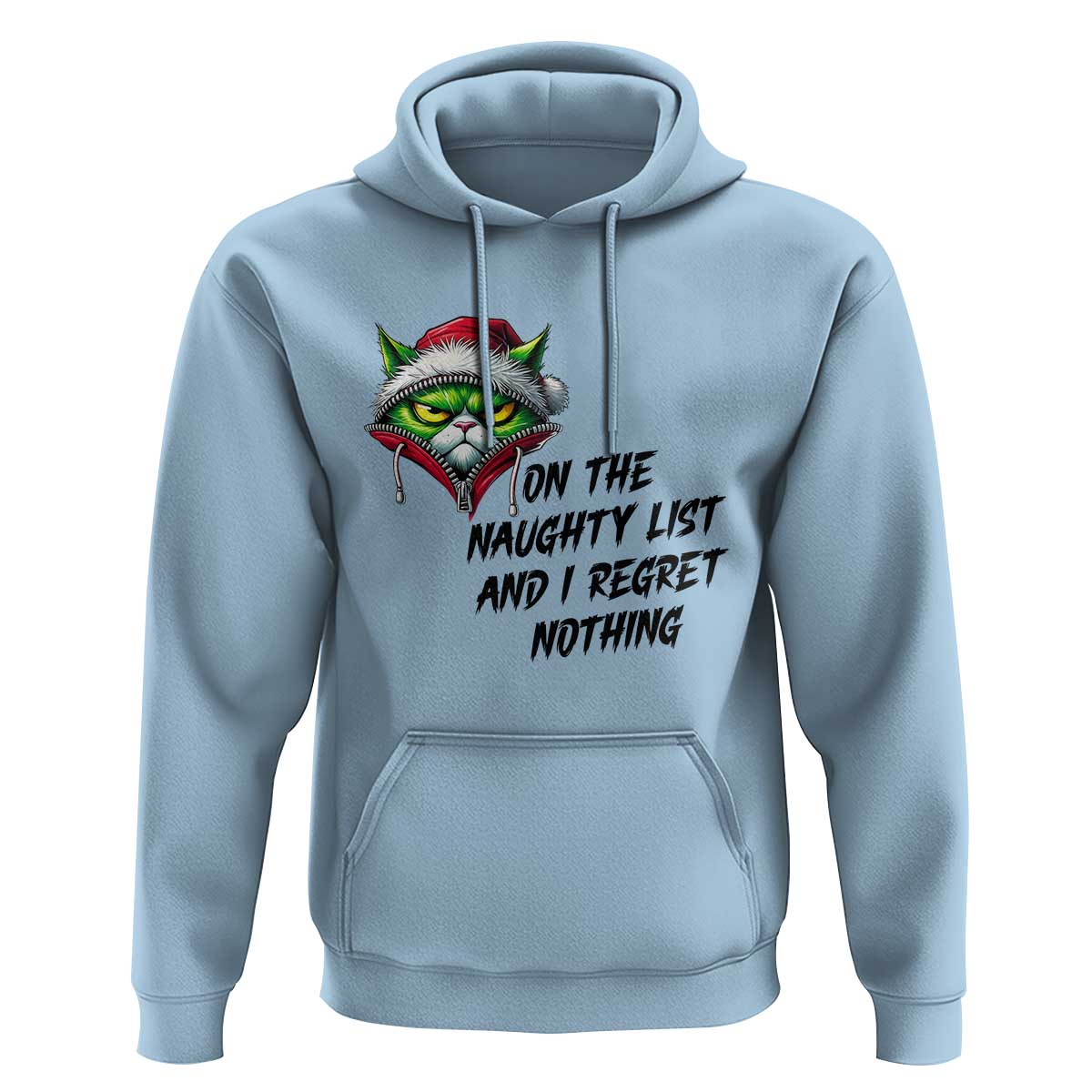 Funny Cat Green Christmas Hoodie On The Naughty List And I Regret Nothing - Wonder Print Shop
