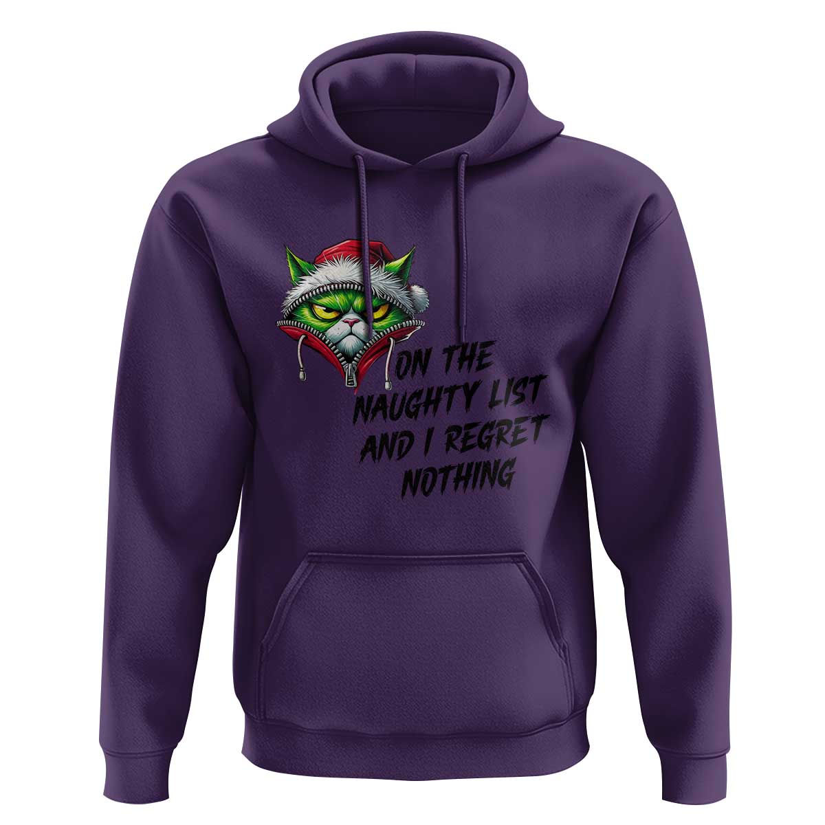 Funny Cat Green Christmas Hoodie On The Naughty List And I Regret Nothing - Wonder Print Shop