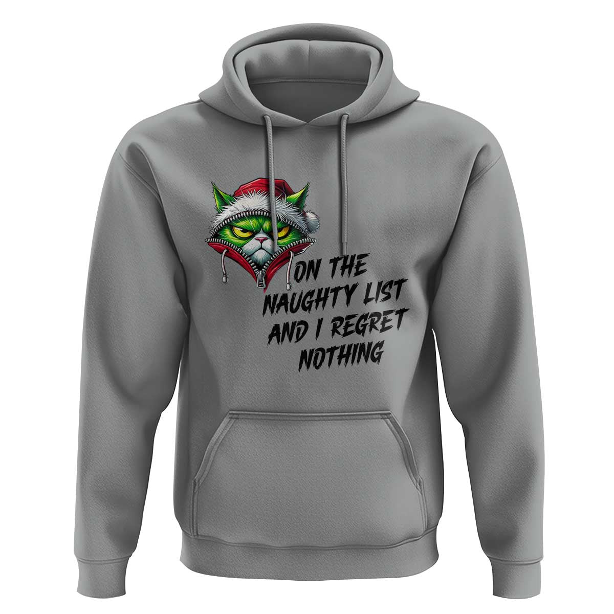 Funny Cat Green Christmas Hoodie On The Naughty List And I Regret Nothing - Wonder Print Shop