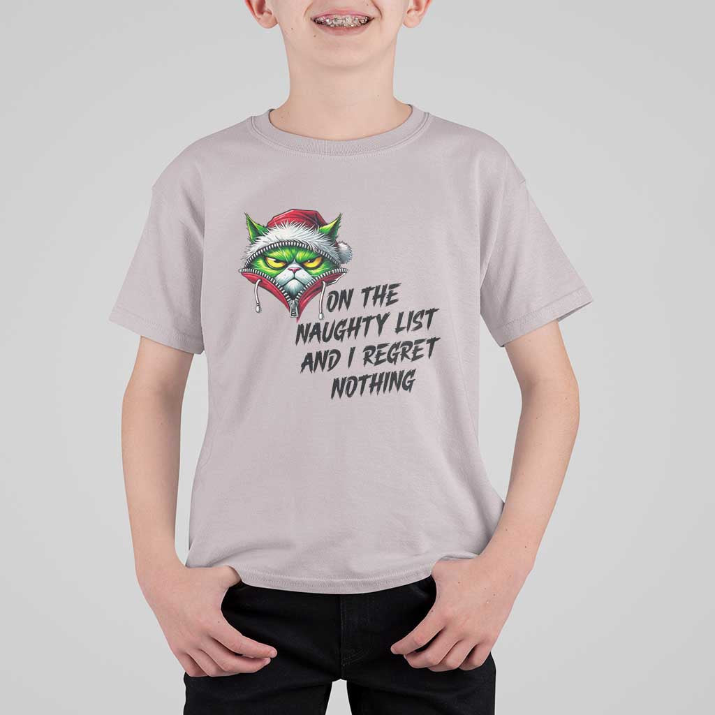 Funny Cat Green Christmas T Shirt For Kid On The Naughty List And I Regret Nothing - Wonder Print Shop