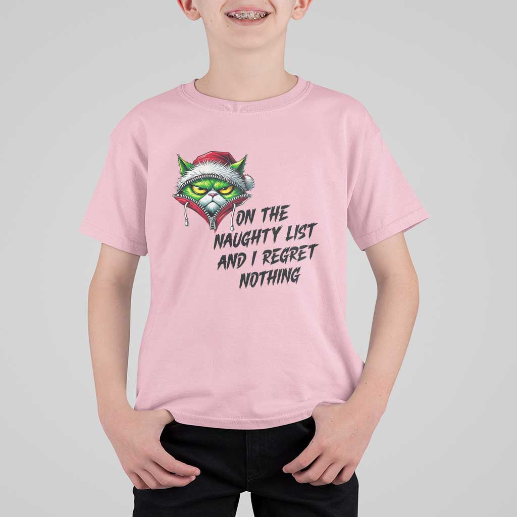 Funny Cat Green Christmas T Shirt For Kid On The Naughty List And I Regret Nothing - Wonder Print Shop