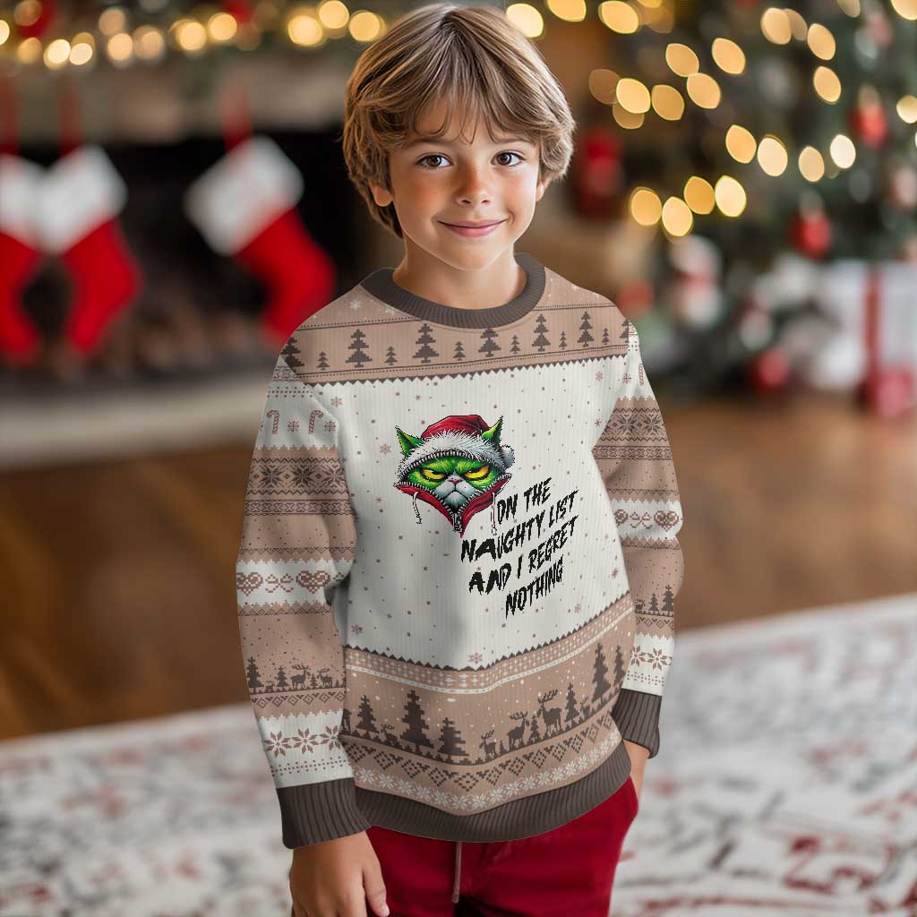 Funny Cat Green Xmas Ugly Christmas Sweater On The Naughty List And I Regret Nothing - Wonder Print Shop