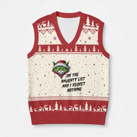 Funny Cat Green Xmas V-Neck Knit Sweater Vest On The Naughty List And I Regret Nothing - Wonder Print Shop