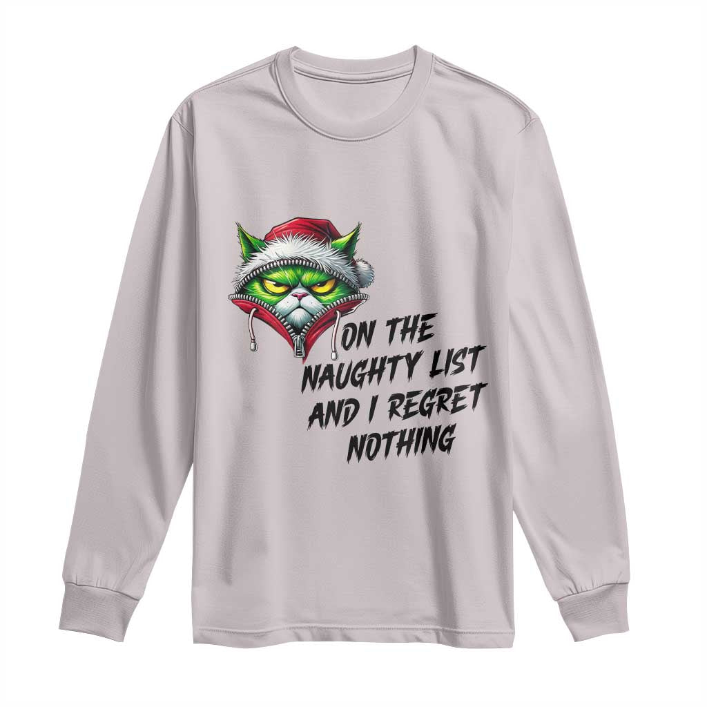 Funny Cat Green Christmas Long Sleeve Shirt On The Naughty List And I Regret Nothing - Wonder Print Shop