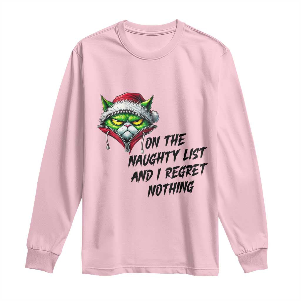 Funny Cat Green Christmas Long Sleeve Shirt On The Naughty List And I Regret Nothing - Wonder Print Shop