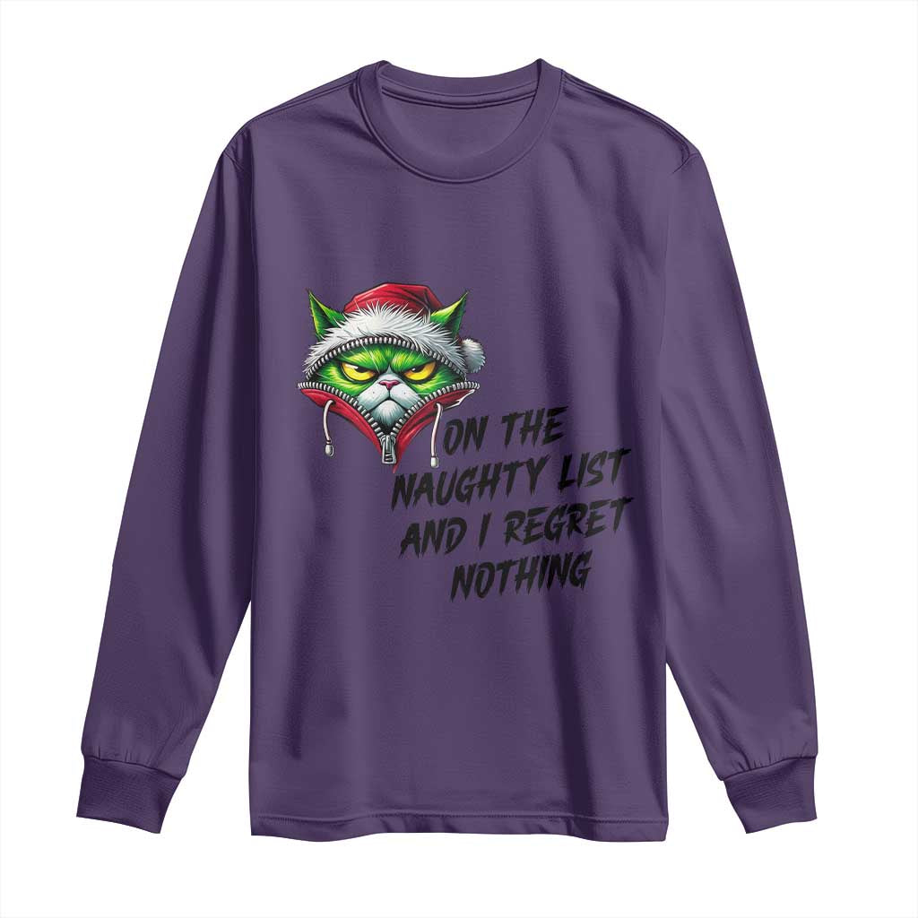 Funny Cat Green Christmas Long Sleeve Shirt On The Naughty List And I Regret Nothing - Wonder Print Shop