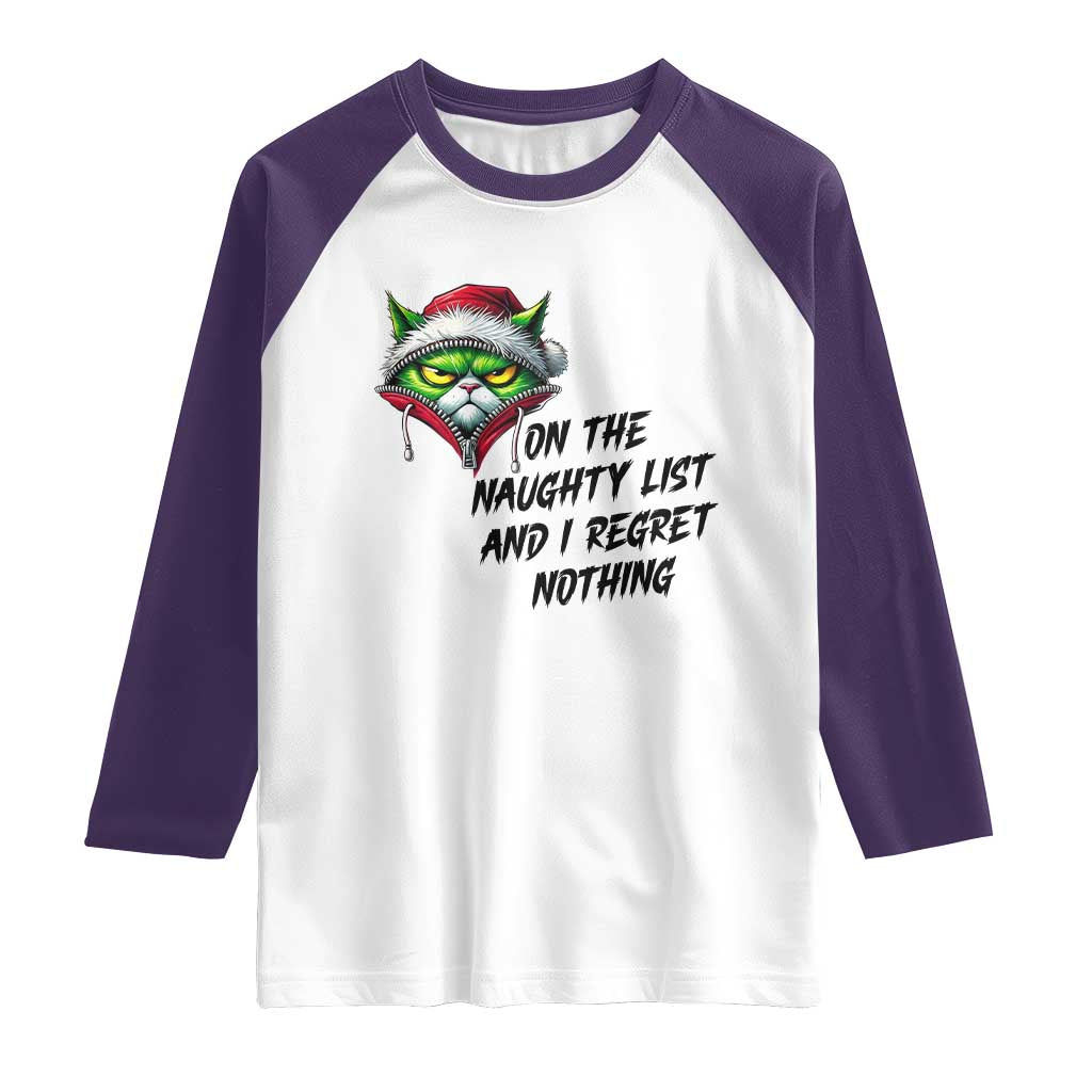 Funny Cat Green Christmas Raglan Shirt On The Naughty List And I Regret Nothing - Wonder Print Shop