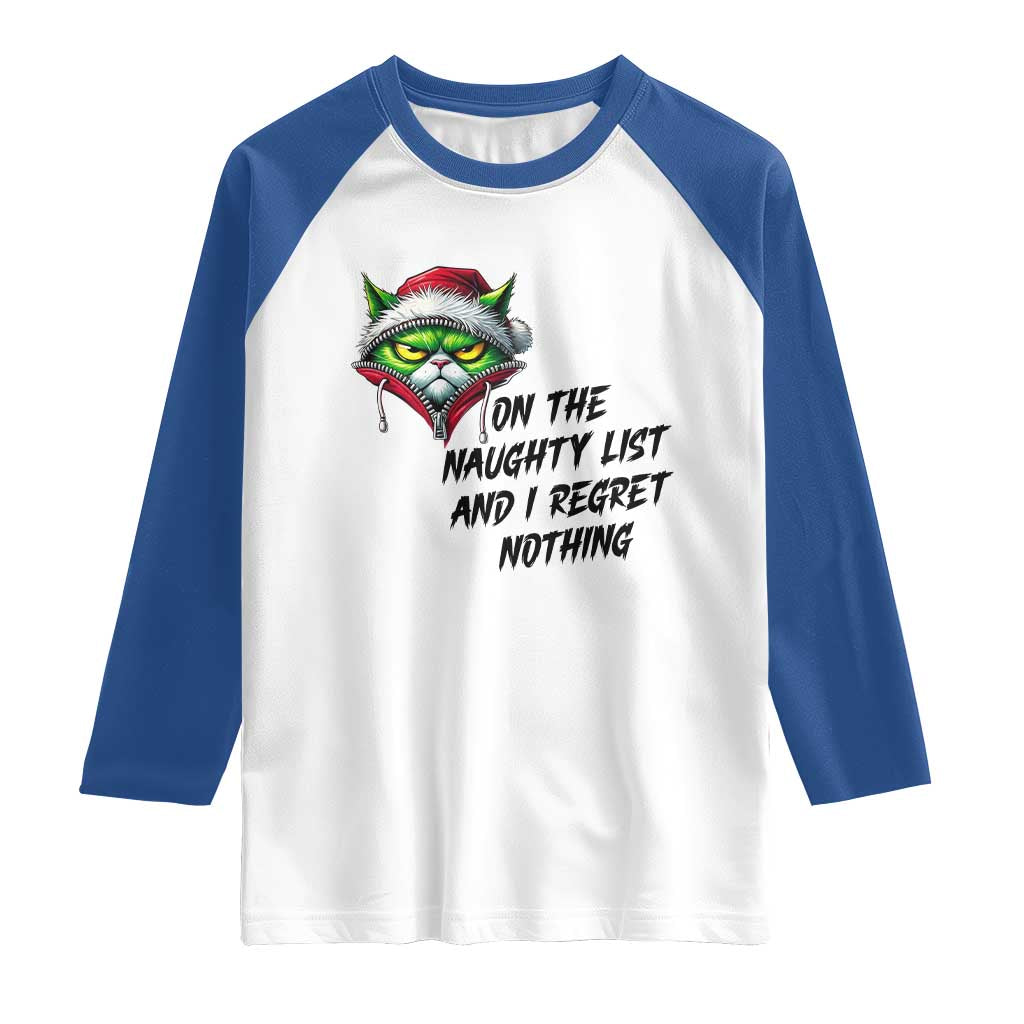 Funny Cat Green Christmas Raglan Shirt On The Naughty List And I Regret Nothing - Wonder Print Shop