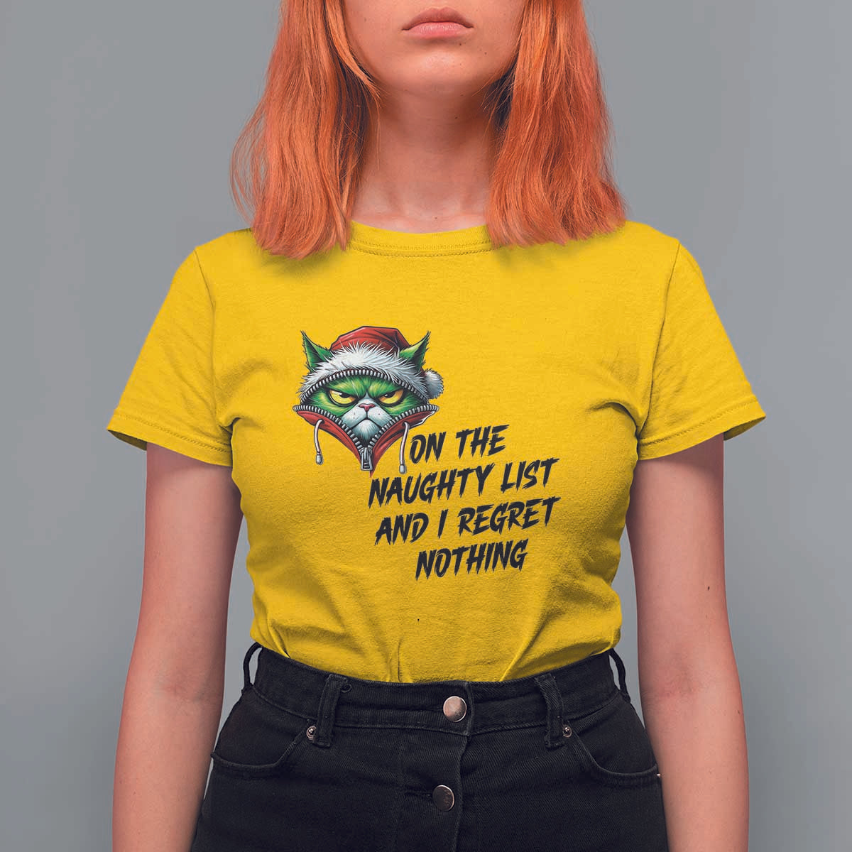 Funny Cat Green Christmas T Shirt For Women On The Naughty List And I Regret Nothing - Wonder Print Shop