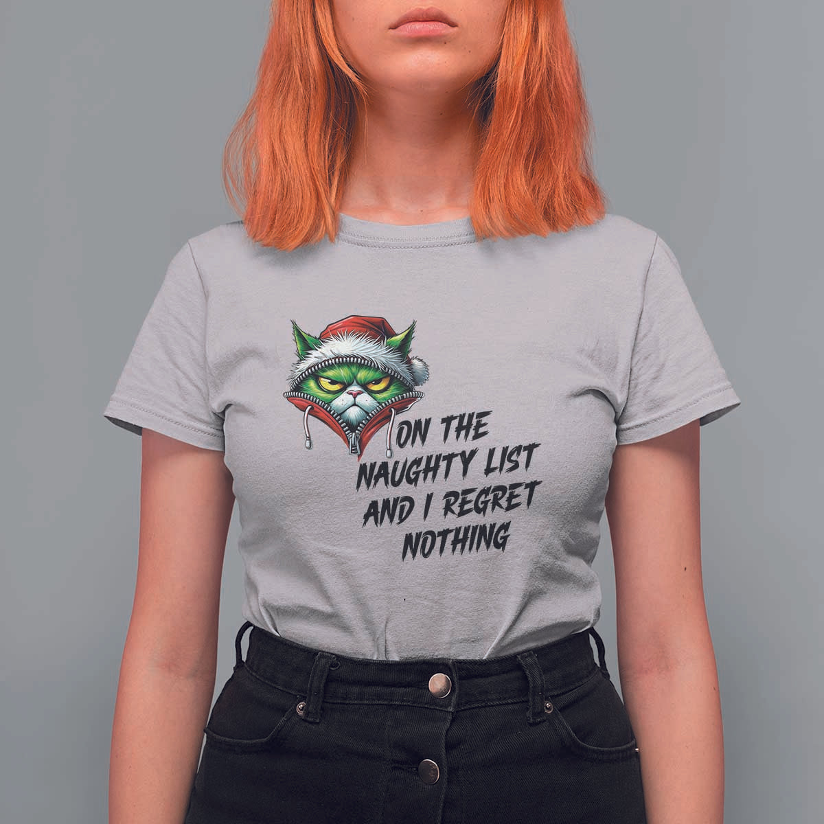 Funny Cat Green Christmas T Shirt For Women On The Naughty List And I Regret Nothing - Wonder Print Shop