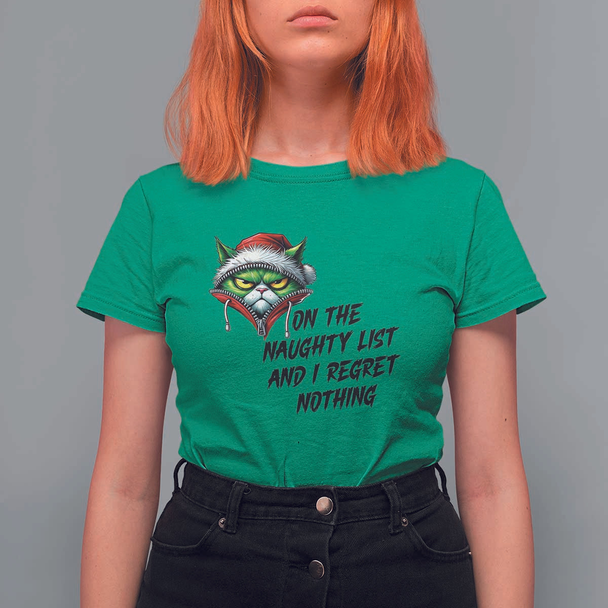 Funny Cat Green Christmas T Shirt For Women On The Naughty List And I Regret Nothing - Wonder Print Shop