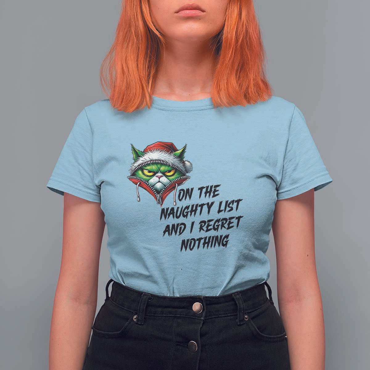 Funny Cat Green Christmas T Shirt For Women On The Naughty List And I Regret Nothing - Wonder Print Shop